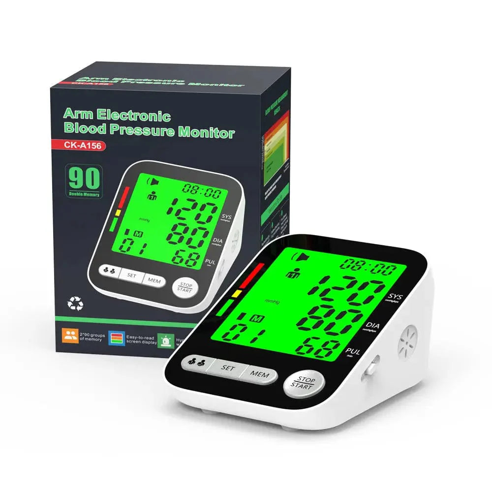 Digital blood pressure monitor by TAKROL with talking arm cuff, electronic sphygmomanometer, and LCD display for easy reading.