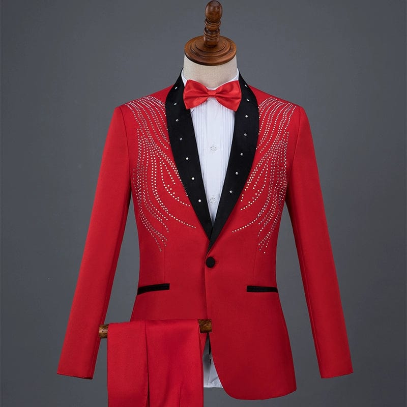  Showlu Fashion Store Chinese red(Suit + red pants with bow tie) / 175/88A(L weight about 72.50kg) Diamond Decorations Sequined Chorus Singer Host Performance Costume