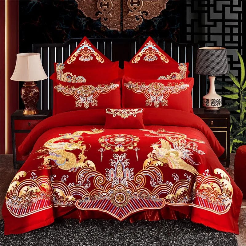 SHOWLU FASHION STORE Chinese wedding four-piece set big red embroidered newlywed bedding wedding festive set dragon and phoenix quilt embroidered bedding bed sheets quilt cover