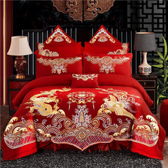 SHOWLU FASHION STORE Chinese wedding four-piece set big red embroidered newlywed bedding wedding festive set dragon and phoenix quilt embroidered bedding bed sheets quilt cover