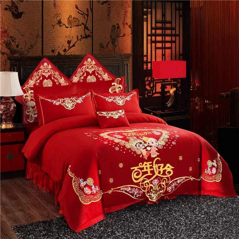 SHOWLU FASHION STORE Chinese wedding four-piece set big red embroidered newlywed bedding wedding festive set dragon and phoenix quilt embroidered bedding bed sheets quilt cover