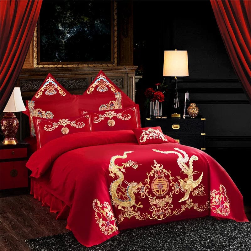 SHOWLU FASHION STORE Chinese wedding four-piece set big red embroidered newlywed bedding wedding festive set dragon and phoenix quilt embroidered bedding bed sheets quilt cover