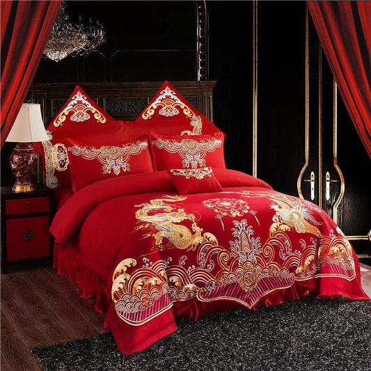 SHOWLU FASHION STORE Chinese wedding four-piece set big red embroidered newlywed bedding wedding festive set dragon and phoenix quilt embroidered bedding bed sheets quilt cover