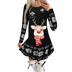 Showlu Fashion Store Christmas Dresses for Women Elk Print Long Sleeve Mini Dress Autumn Winter Fashion Ladies Holiday Mini Dresses New Year 2024