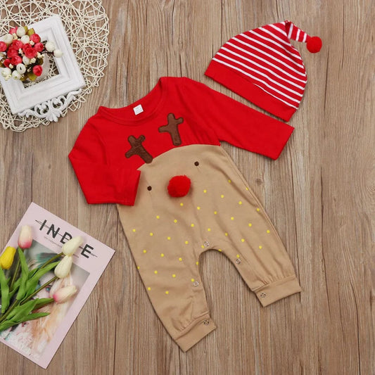 Showlu Fashion Store Christmas Jumpsuit  Newborn Infant Baby Boy Girl Kid Cute Wear  Deer XMAS Romper Clothes Hat Long Sleeve Outfits