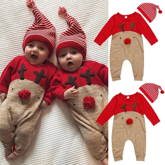 Showlu Fashion Store Christmas Jumpsuit  Newborn Infant Baby Boy Girl Kid Cute Wear  Deer XMAS Romper Clothes Hat Long Sleeve Outfits