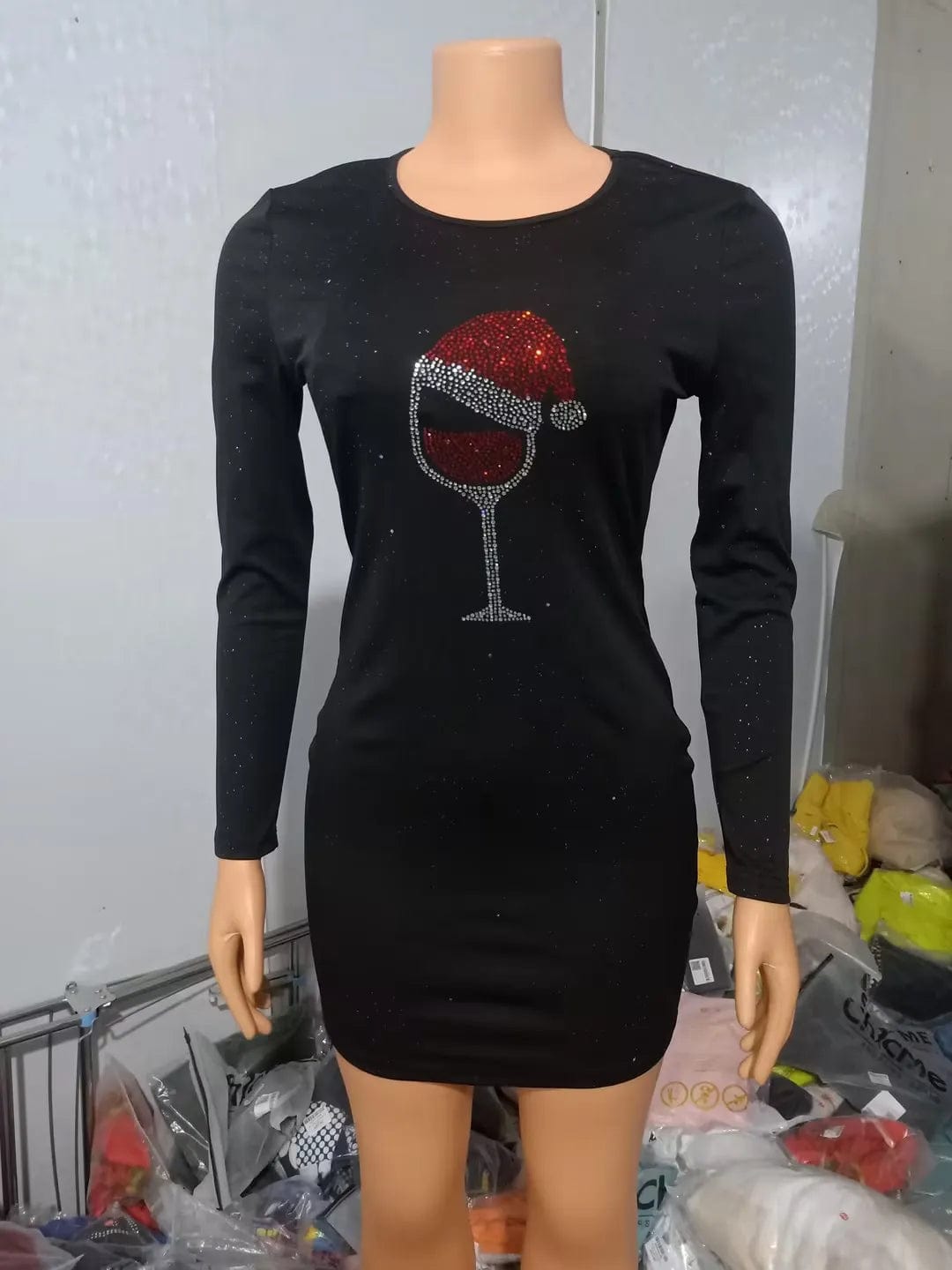 Showlu Fashion Store Christmas Wine Glass Print Womens Dresses  Spring Fashion Glitter Casual O-Neck Long Sleeve Bodycon Mini Christmas Dress