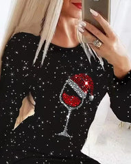 Showlu Fashion Store Christmas Wine Glass Print Womens Dresses  Spring Fashion Glitter Casual O-Neck Long Sleeve Bodycon Mini Christmas Dress