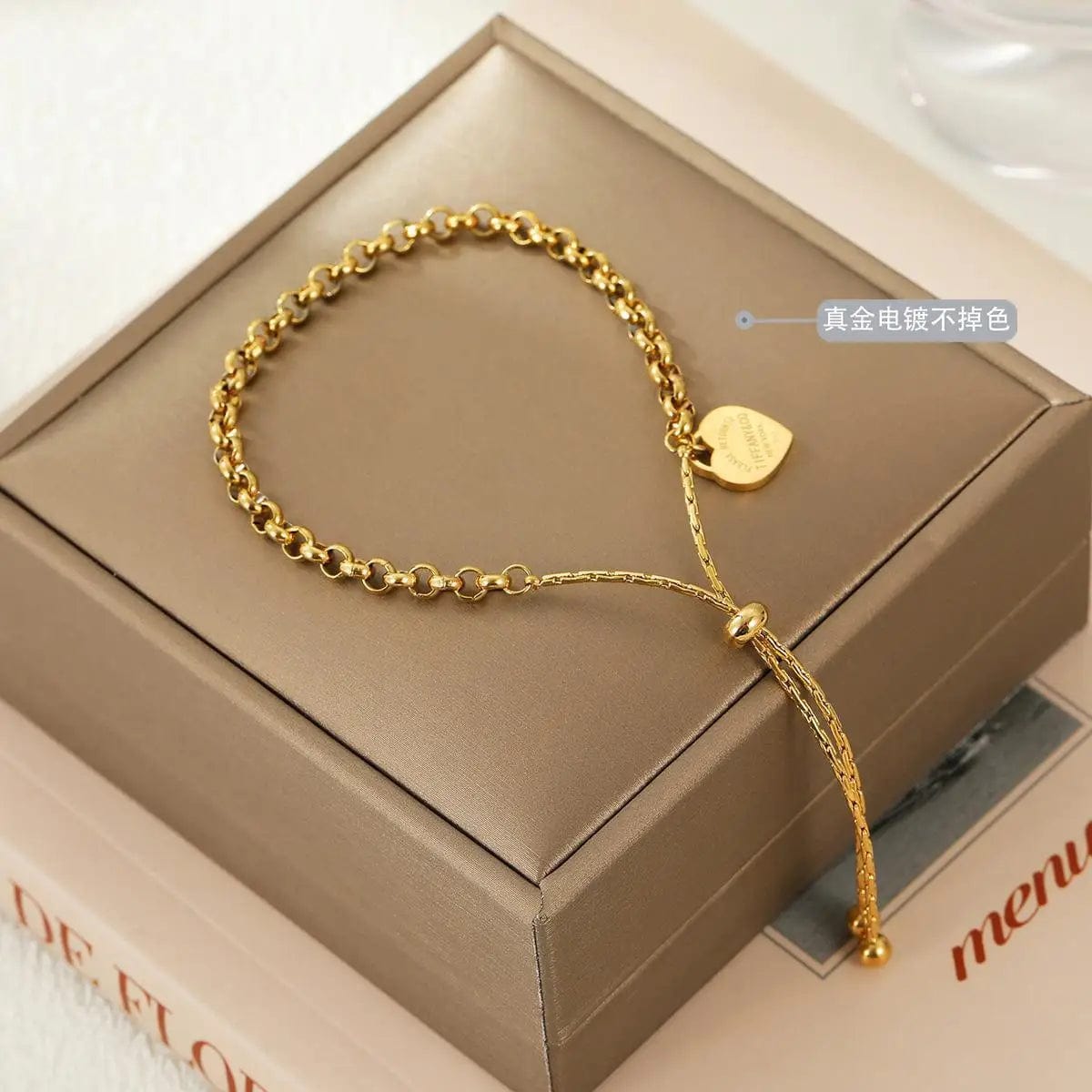  Showlu Fashion Store CL01497-GOLD Fashion Stainless Steel Heart Pendant Bracelet Charming Beads Chain with Heart Pendant Bracelets for Women Jewelry