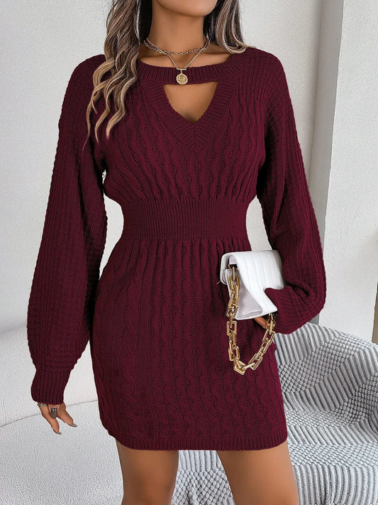 Showlu Fashion Store Claret / S Autumn Winter Solid Color Woolen Dress O-Neck Lantern Sleeve Hollow Out Knitted Dresses for Women Fashion Casual Vestidos