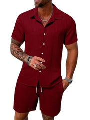  Showlu Fashion Store Claret / S Cotton-Linen Striped Shirt Set