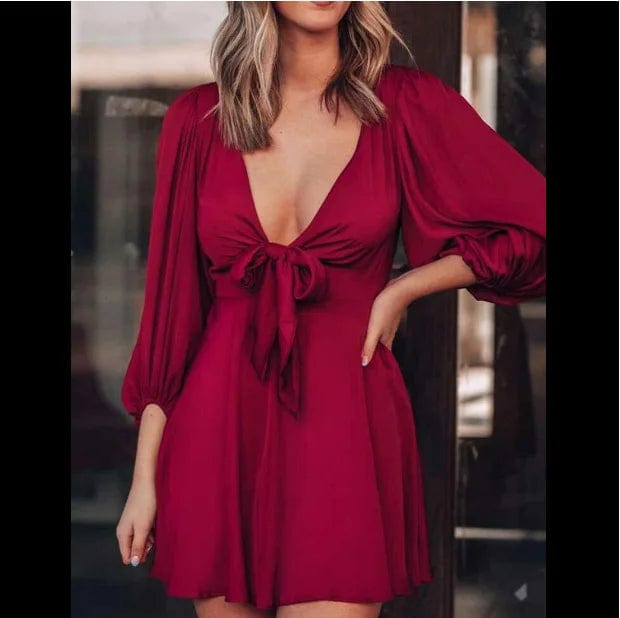  Showlu Fashion Store claret / S Satin Puff Sleeve Plunge Dress