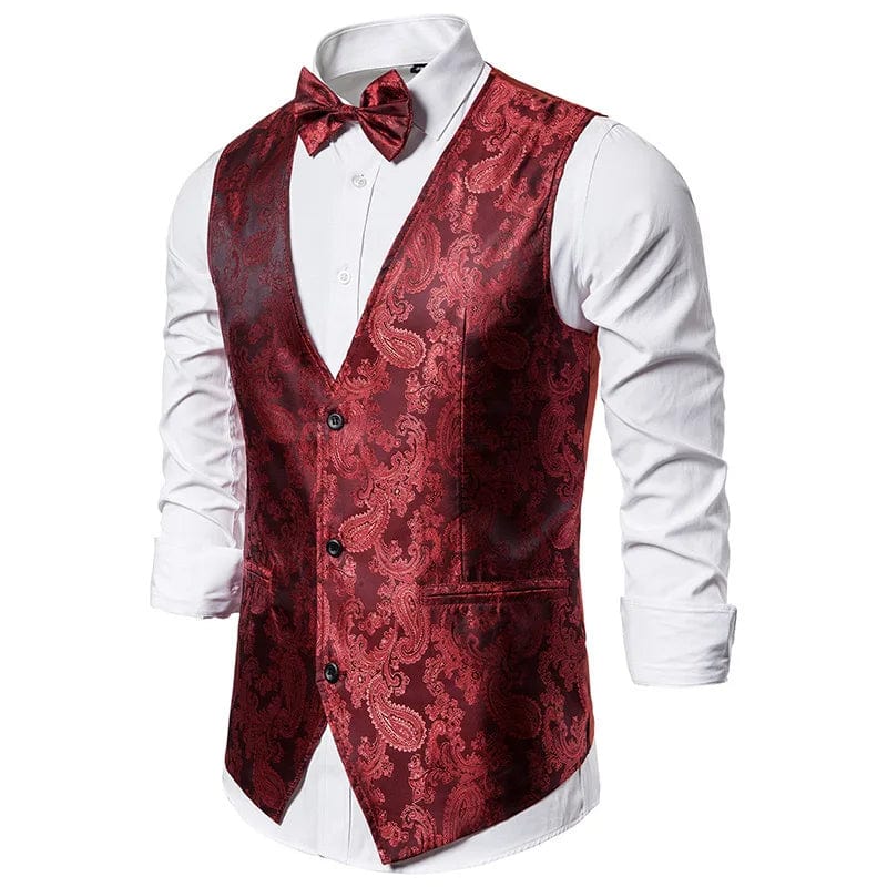 SHOWLU FASHION STORE Claret vest / XXXL 2024 New Men's fashion business suit two-piece suit(jacket+pants)best man wedding dance men's suit shiny dark pattern men's suit