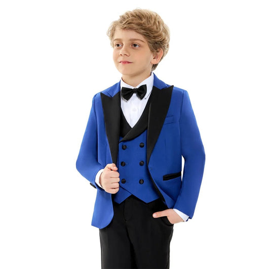 Showlu Fashion Store Classic Royal Blue Prom Suit for Boys 4 Piece Jacket Vest Pants Set Children Gift Peaked Lapel Blazer Kids Outfit Costume Suit