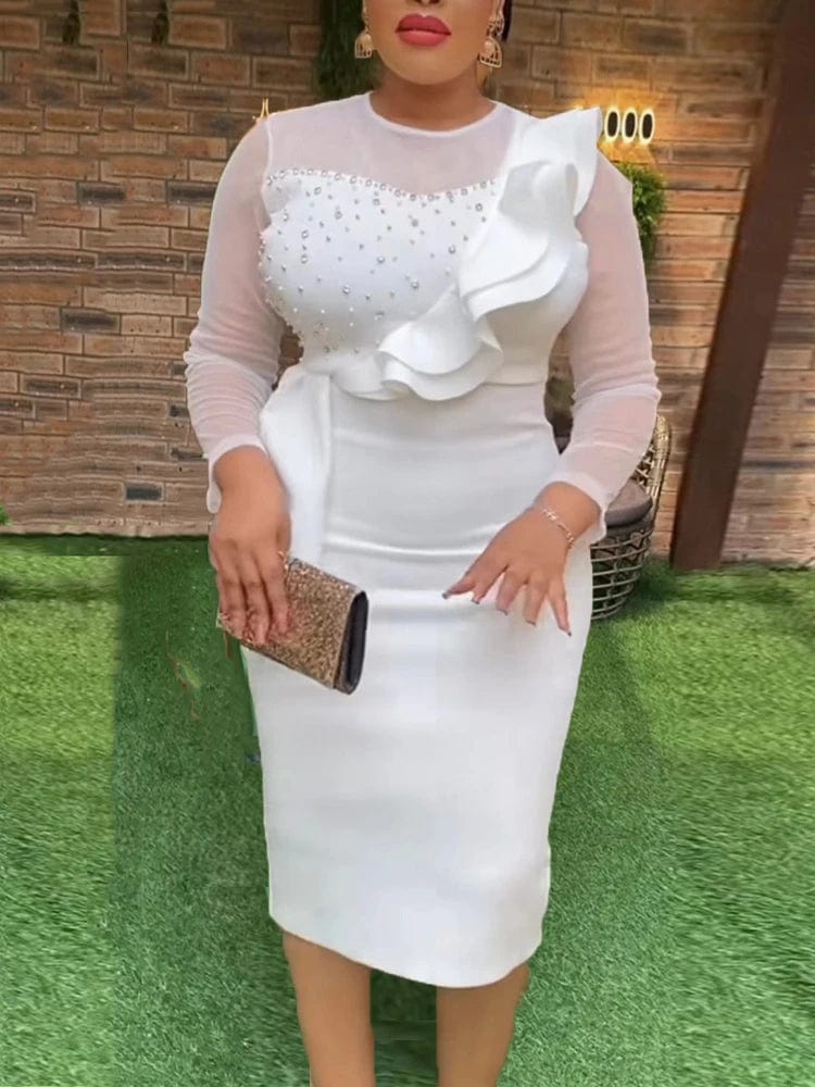 SHOWLU FASHION STORE Classy Women White Midi Bodycon Long Sleeve Dress Beads Sheer Sweetheart Ruffles Peplum Dresses for Wedding Guest Party Birthday