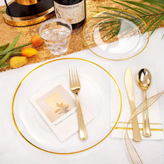 Showlu Fashion Store Clear And Gold 350PCS Clear and Gold Plastic cutlery - Gold Disposable Plastic Dinnerware Set for 50 Guests Include 100 Plastic Plates, 150 Gold Cutlery, 50 Cups&50 Napkins Idea for Wedding&Party