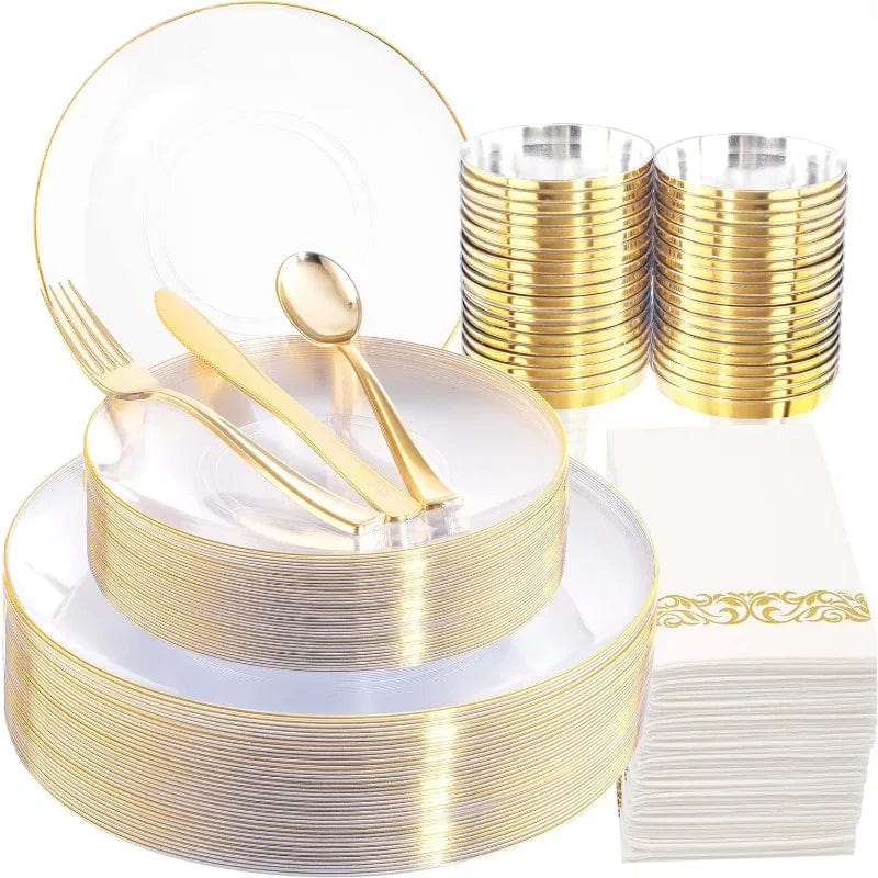 Showlu Fashion Store Clear Gold / United States 350PCS White and Gold Plastic Plates - Gold Plastic Dinnerware Set with Pre Rolled Napkins