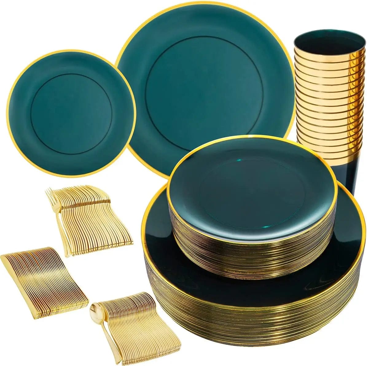 Showlu Fashion Store Clear Green / United States 180pcs Clear Green Plastic Plates,Disposable Plastic Dark Green Plates,Plastic Emerald Green Plates and Gold Plastic Dinnerware