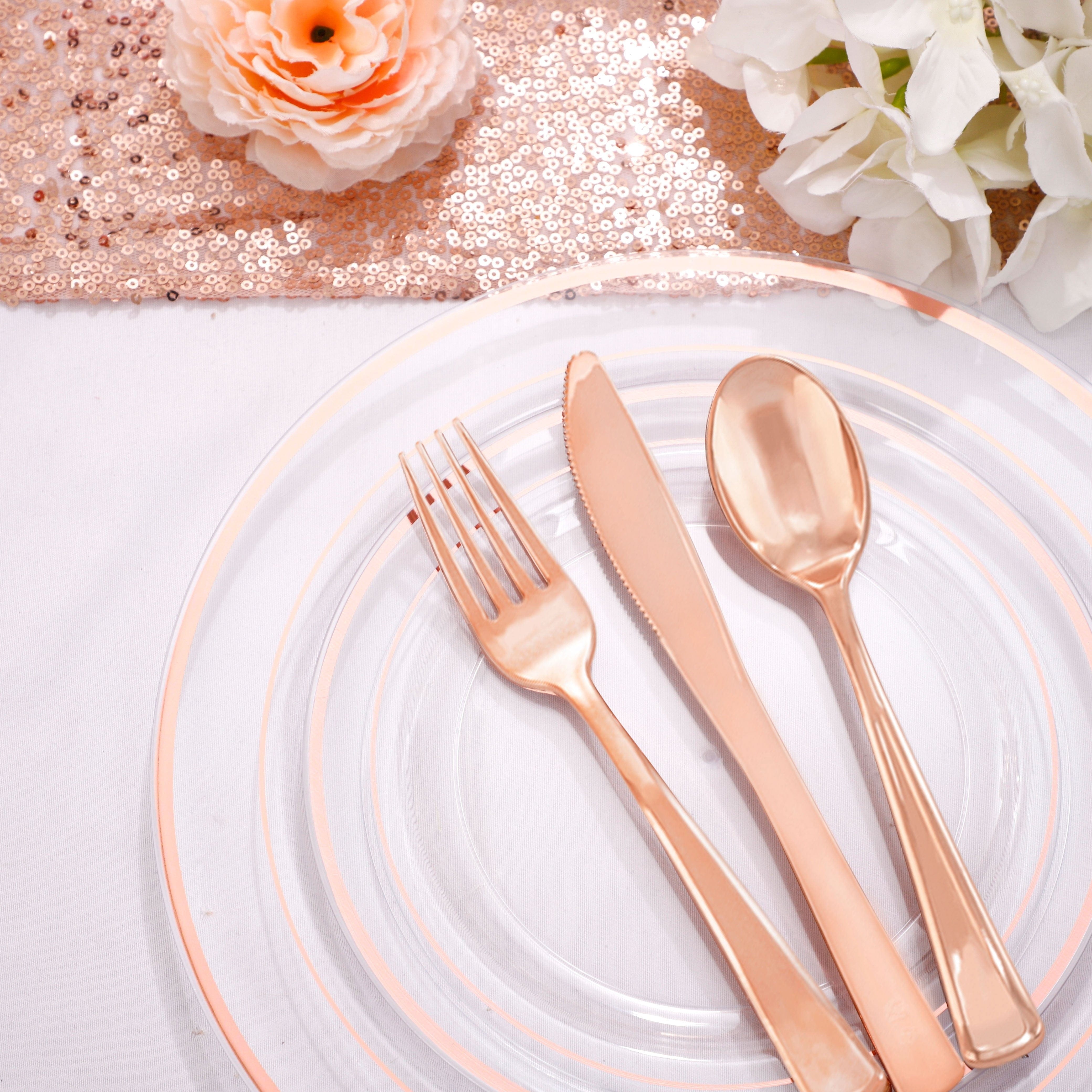 Showlu Fashion Store clear rose gold 350 Pcs Rose Gold Plates, Rose Gold Dinnerware Set Include: 50 Dinner Plates 10.25 inch, 50 Dessert Plates 7.5 inch, 50 Rose Gold Cutlery set, 50 Disposable Cups 9 OZ with 50 Napkins for Party and Wedding