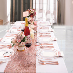 Showlu Fashion Store clear rose gold 350 Pcs Rose Gold Plates, Rose Gold Dinnerware Set Include: 50 Dinner Plates 10.25 inch, 50 Dessert Plates 7.5 inch, 50 Rose Gold Cutlery set, 50 Disposable Cups 9 OZ with 50 Napkins for Party and Wedding