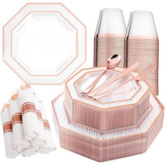 Showlu Fashion Store Clear Rose Gold / United States 30Guest Clear Gold Plastic Plates, Gold Party Plates and Cup and Napkins Set Gold Disposable Dinnerware Include 30 Dinner Plates