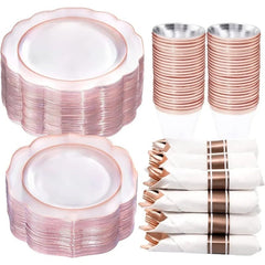 Showlu Fashion Store Clear Rose Gold / United States 350PCS Pink and Gold Plastic Plates - Pink Disposable Plastic Dinnerware Set for 50 Guests Include 50 Dinner Plates