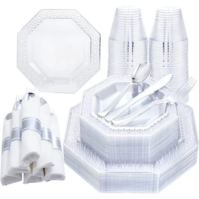 Showlu Fashion Store Clear Silver / United States 30Guest Clear Gold Plastic Plates, Gold Party Plates and Cup and Napkins Set Gold Disposable Dinnerware Include 30 Dinner Plates