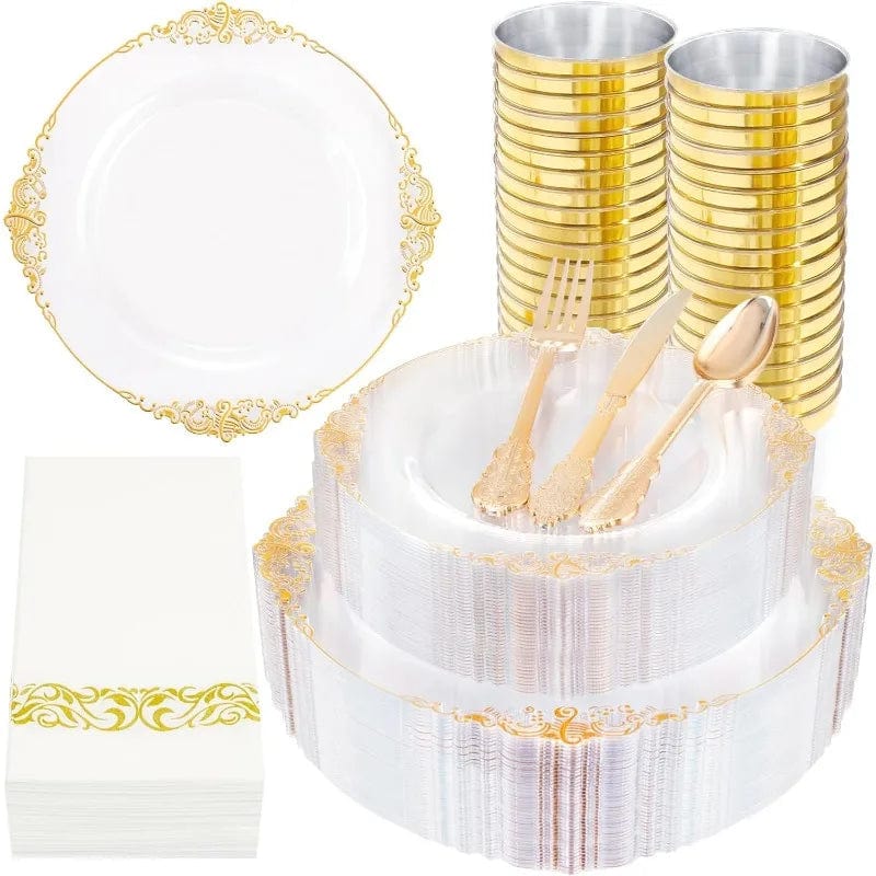 Showlu Fashion Store Clear / United States / 350PCS 350PCS Clear Gold Plastic Plates - Gold Plastic Dinnerware Sets for 50 Guests - 100 Gold Disposable Plates, 150 Plastic