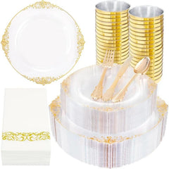 Showlu Fashion Store Clear / United States / 350PCS 350PCS Clear Gold Plastic Plates - Gold Plastic Dinnerware Sets for 50 Guests - 100 Gold Disposable Plates, 150 Plastic