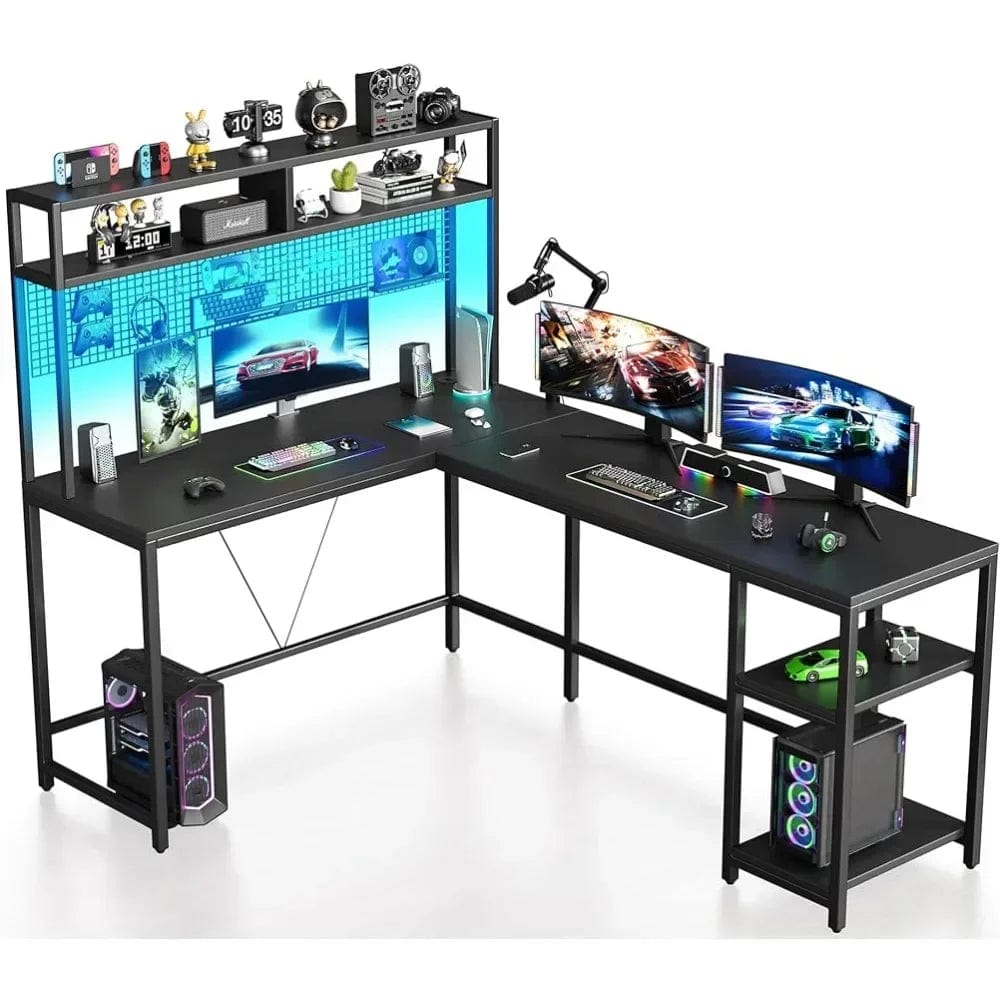 SHOWLU FASHION STORE CN L Shaped Desk with Hutch and Pegboard - 67" L Shaped Gaming Desk with LED Lights,Corner Computer Desk with Storage Shelves,Black