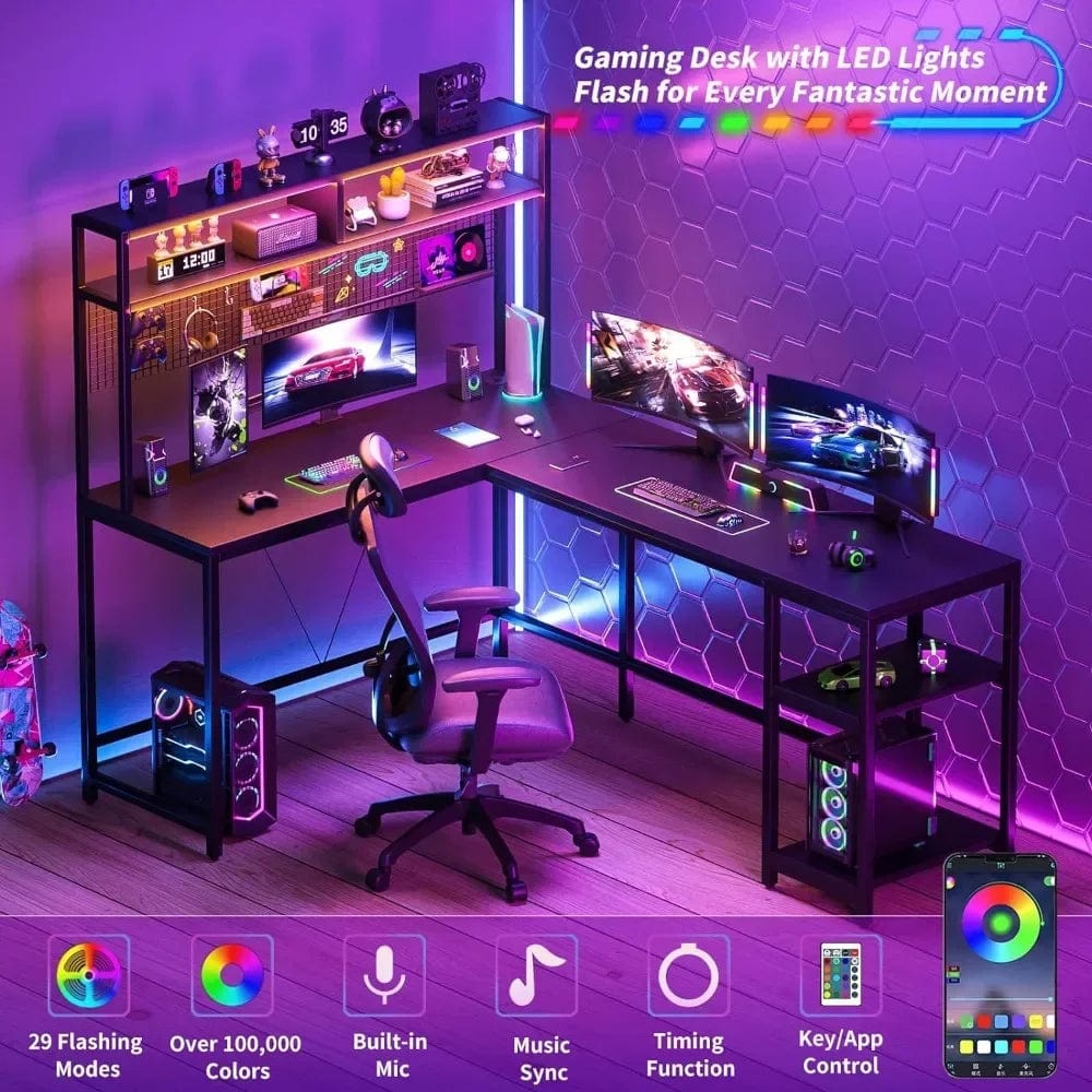 SHOWLU FASHION STORE CN L Shaped Desk with Hutch and Pegboard - 67" L Shaped Gaming Desk with LED Lights,Corner Computer Desk with Storage Shelves,Black