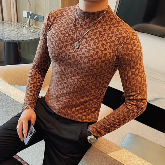 SHOWLU FASHION STORE Coffee / Asia M 48-54KG / CHINA Printed Semi Turtleneck Elastic T-shirt For Men Clothing Autumn New Long Sleeves Jacquard Tight-Fitting Solid Color Slim-fit Tee