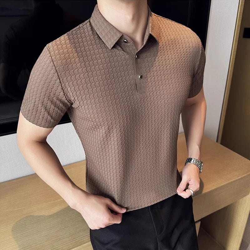 SHOWLU FASHION STORE Coffee / Asian 3XL 80-85kg Summer High Quality Ice Silk Waffle Polo Shirts for Men Short Sleeved Slim Fit Business Formal Mens Dress T Shirt Plus Size 4XL