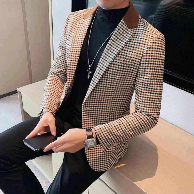  Showlu Fashion Store Coffee / Asian 3XL is Eur XL Men Spring High Quality Plaid Business Suit Jackets/Male Slim Fit Luxury Office Tuxedo/Man Brand Clothing Fashion Blazers 4XL-M