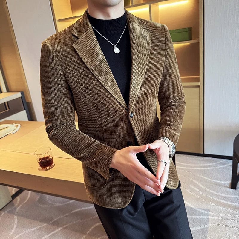 SHOWLU FASHION STORE coffee / M 45-55kg Korean Style Men's Chenille Suit Coat Solid High Quality Slim Fit Blazer Jacket Male Black Red White Casual Blazers Male