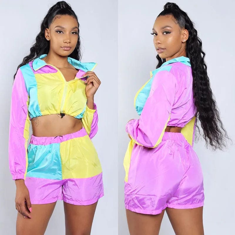  Showlu Fashion Store Color Block Patchwork Two Piece Set Women Cut Out Crop Drawstring Top and Shorts Casual Female Tracksuit