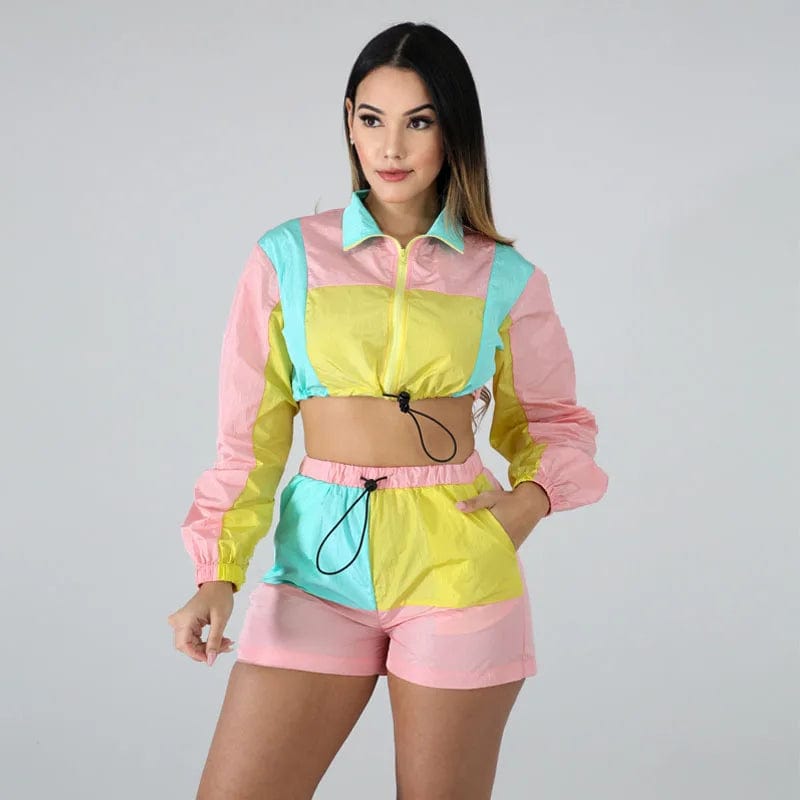  Showlu Fashion Store Color Block Patchwork Two Piece Set Women Cut Out Crop Drawstring Top and Shorts Casual Female Tracksuit