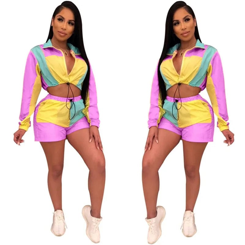  Showlu Fashion Store Color Block Patchwork Two Piece Set Women Cut Out Crop Drawstring Top and Shorts Casual Female Tracksuit