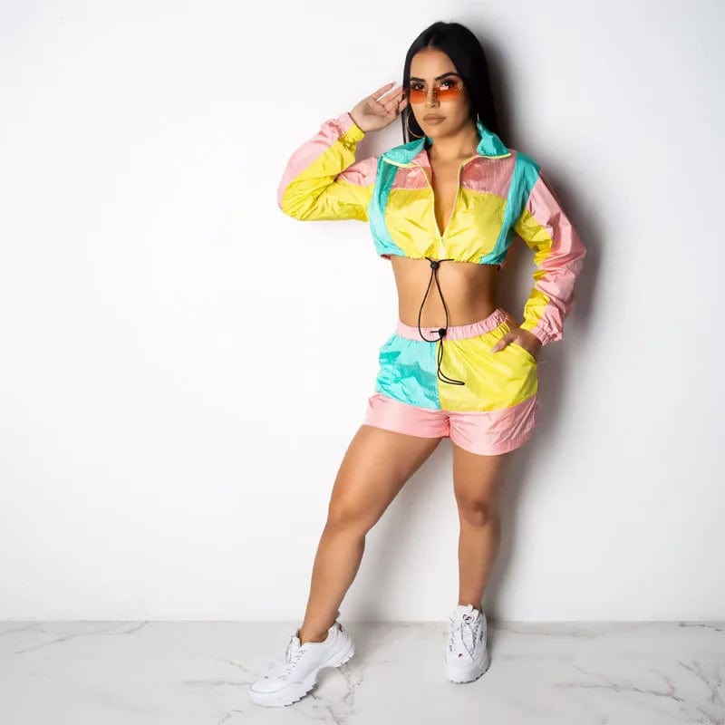  Showlu Fashion Store Color Block Patchwork Two Piece Set Women Cut Out Crop Drawstring Top and Shorts Casual Female Tracksuit