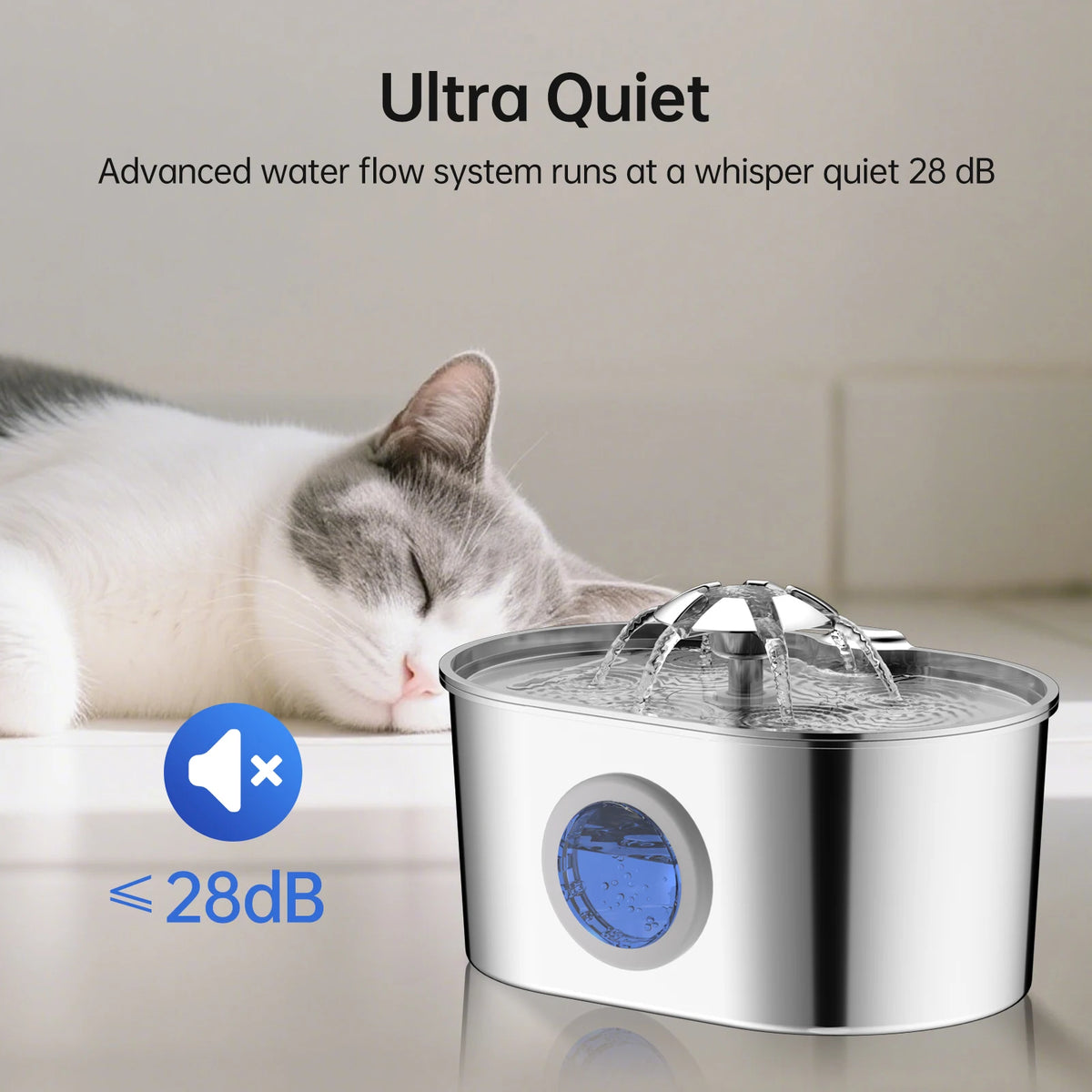 Stainless steel ZKYJ cat water fountain by Showlu Fashion Store showing a sleek, quiet pet water dispenser with flowing water.