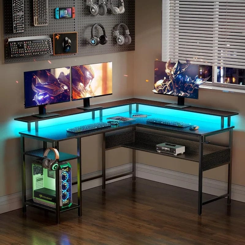 SHOWLU FASHION STORE Computer Desk L Shaped 56.7" with LED Lights and Power Outlets, Reversible L Shaped Gaming Desk with Monitor Stand