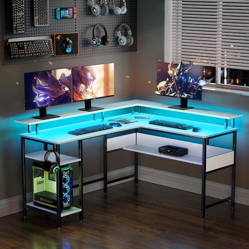 SHOWLU FASHION STORE Computer Desk L Shaped 56.7" with LED Lights and Power Outlets, Reversible L Shaped Gaming Desk with Monitor Stand