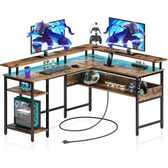 SHOWLU FASHION STORE Computer Desk L Shaped 56.7" with LED Lights and Power Outlets, Reversible L Shaped Gaming Desk with Monitor Stand