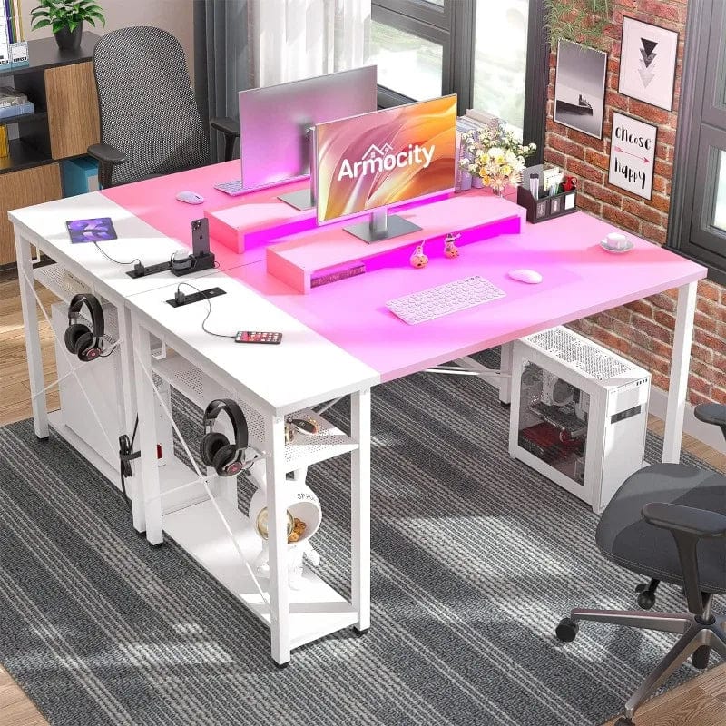 SHOWLU FASHION STORE Computer Desk with LED Lights, 47 Gaming Desk with Power Outlet and USB, Reversible Laptop Table with Moveable Monitor