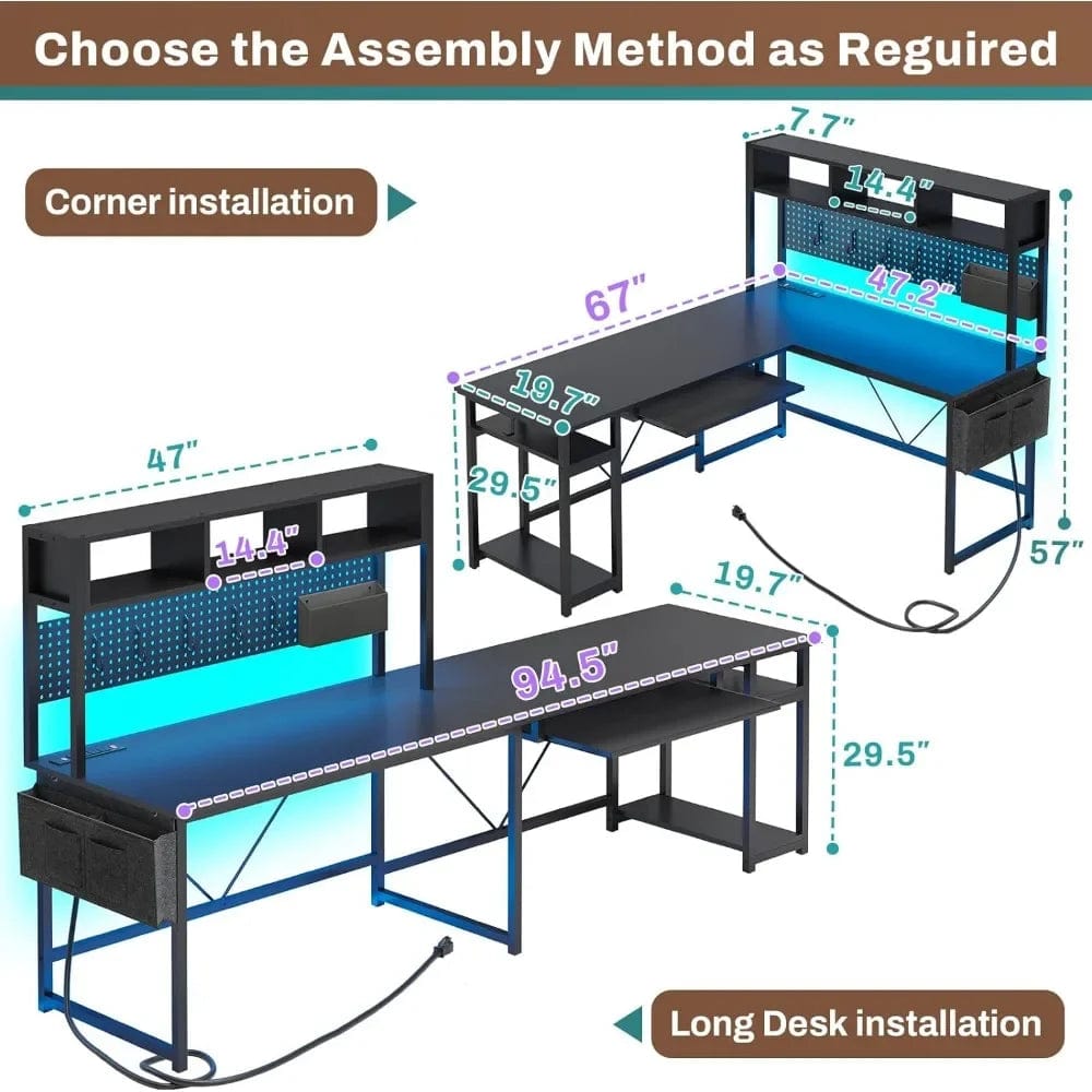 SHOWLU FASHION STORE Computer Desk, with LED Lights,Keyboard Tray and Storage Pocket,Deluxe Large Space Gaming Desks,L-Shaped Gaming Desk,