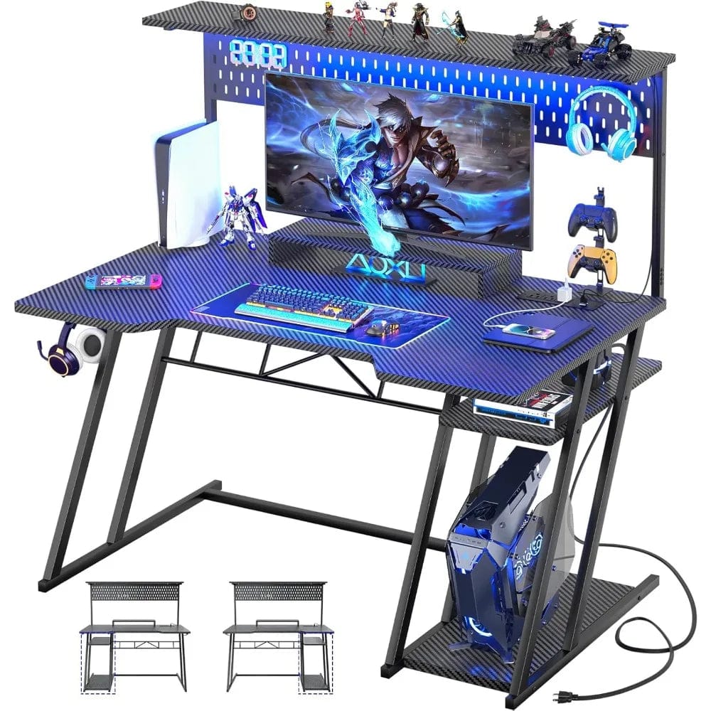 SHOWLU FASHION STORE Computer Desk ,with Shelves and Outlets, Gaming Desk with Hutch and LED Lights, Reversible PC Gaming Desk,  Black