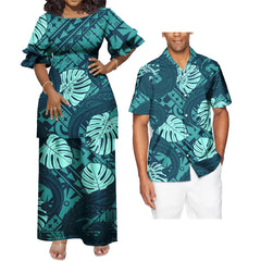 SHOWLU FASHION STORE Couple 2 Pcs Set Clothing Floral Print Tribal Polynesian Custom  Women Long Evening Party Puletasi Dress Match Men Shirts