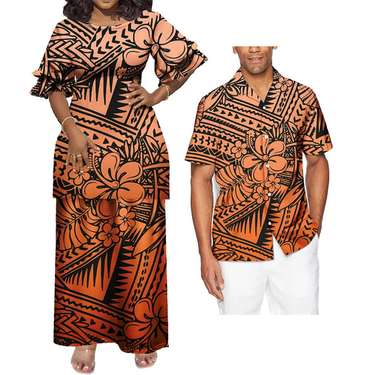 SHOWLU FASHION STORE Couple 2 Pcs Set Clothing Floral Print Tribal Polynesian Custom  Women Long Evening Party Puletasi Dress Match Men Shirts