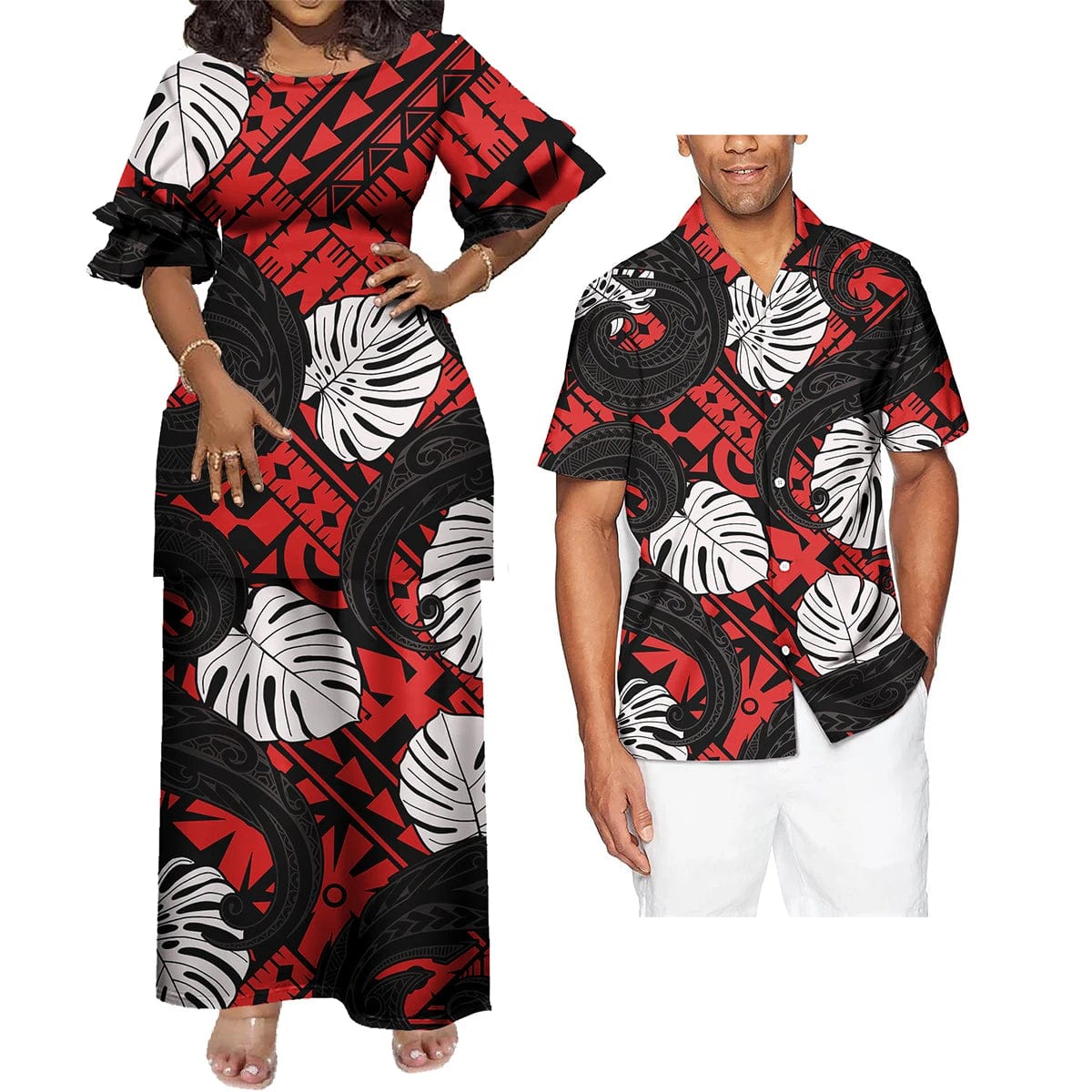 SHOWLU FASHION STORE Couple 2 Pcs Set Clothing Floral Print Tribal Polynesian Custom  Women Long Evening Party Puletasi Dress Match Men Shirts