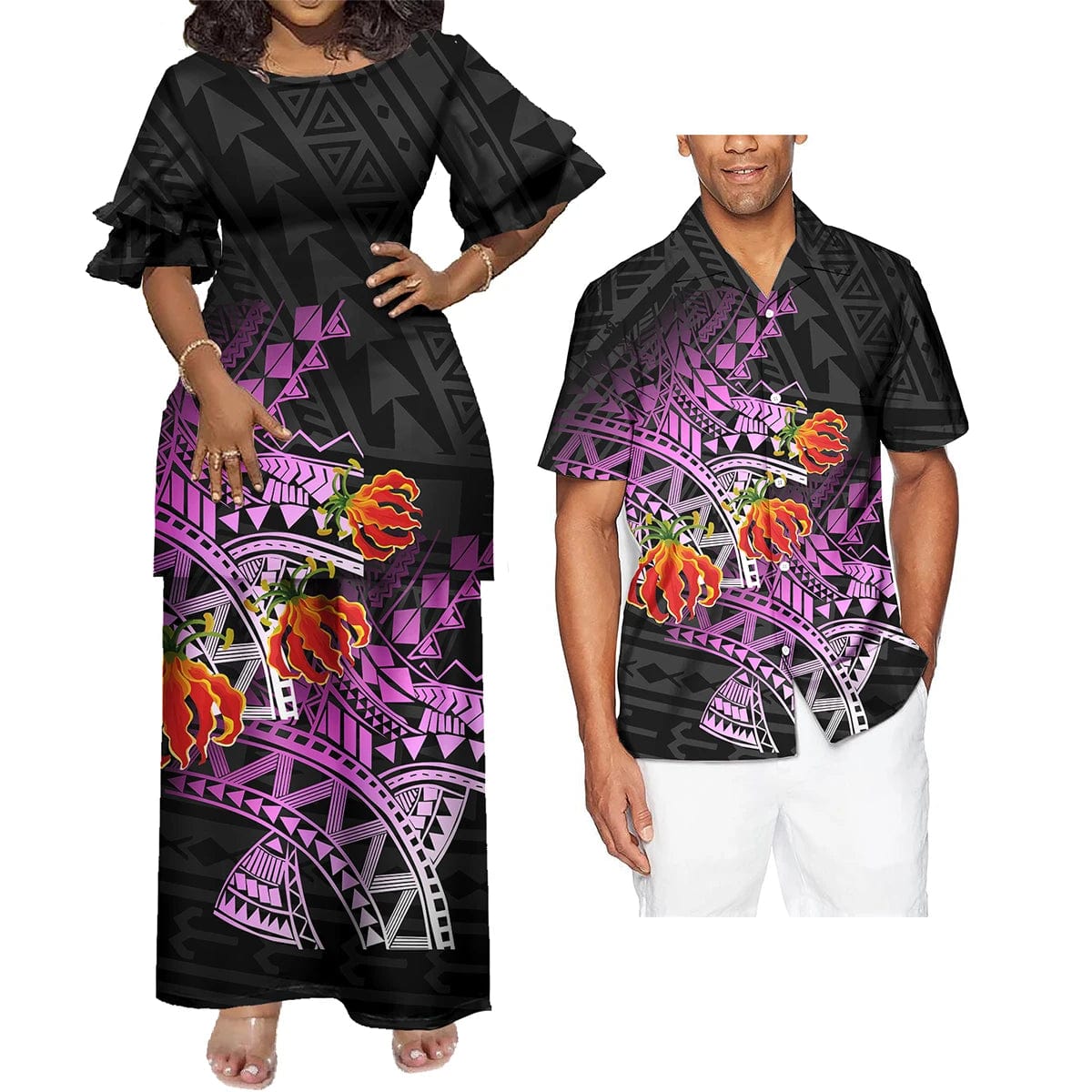 SHOWLU FASHION STORE Couple 2 Pcs Set Clothing Floral Print Tribal Polynesian Custom  Women Long Evening Party Puletasi Dress Match Men Shirts